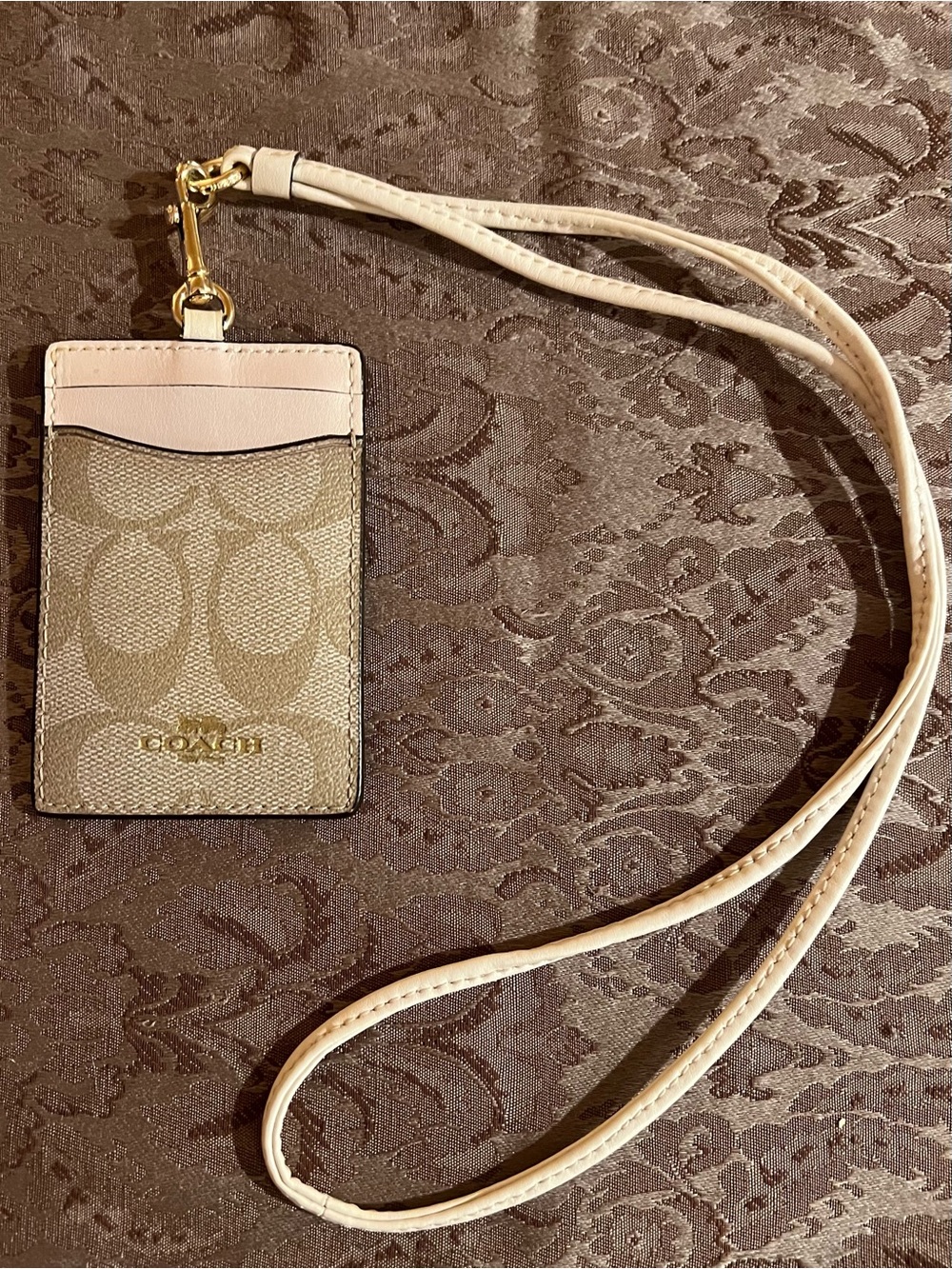 Coach Signature Lanyard ID Card Holder in Beige and Light Pink